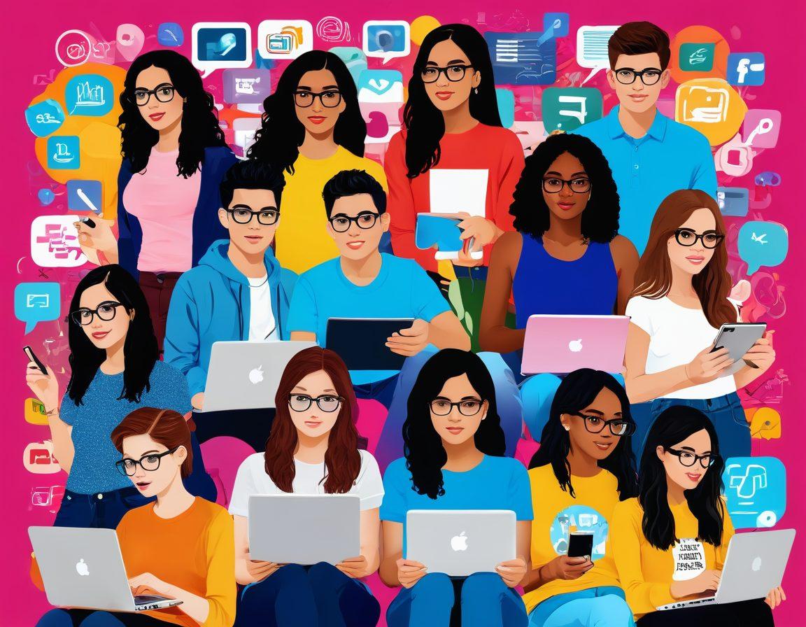 A vibrant collage of diverse teenagers engaged in blogging, surrounded by digital devices like laptops and smartphones, showcasing various blogging themes like fashion, technology, and social issues. The background features symbols of digital trends such as hashtags, social media icons, and colorful speech bubbles, depicting their voices being amplified. Bright and energetic colors to evoke empowerment and creativity. digital art. vibrant colors.