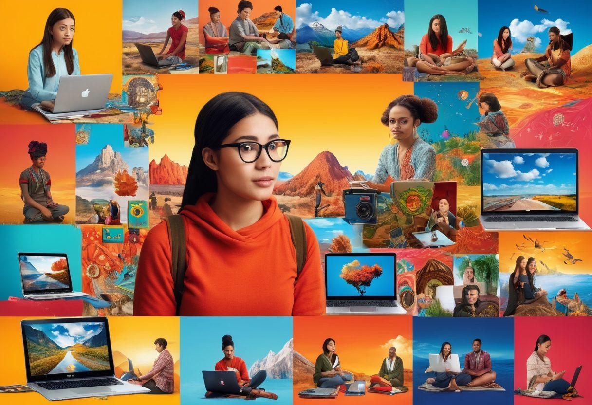 A vibrant collage showcasing diverse young individuals from various cultures engaged in digital storytelling. Include elements such as laptops, smartphones, and traditional cultural symbols intertwined with contemporary art styles. Highlight expressions of empowerment, creativity, and collaboration. The background should be a blend of colorful landscapes representing different countries. super-realistic. vibrant colors. 3D.