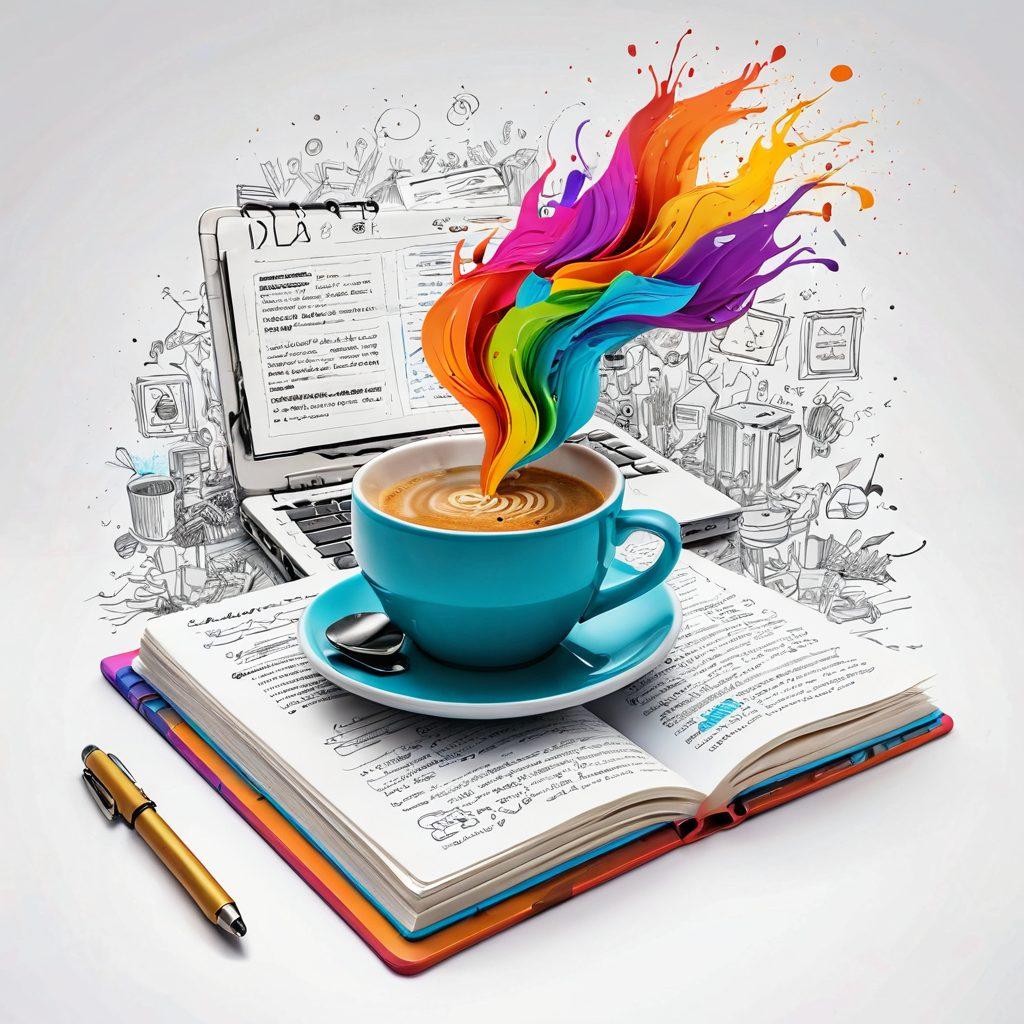 A vibrant diary filled with colorful pages spilling out, surrounded by a computer screen displaying a blog interface, and a steaming cup of coffee beside it. In the background, subtle hints of teenage creativity with sketches and notes. The overall atmosphere should inspire nostalgia and creativity, symbolizing the transition from personal thoughts to impactful narratives. super-realistic. vibrant colors. white background.